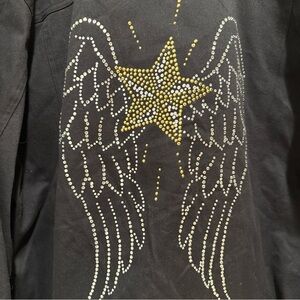 Vintage Women's Quacker Factory Denim Jean Jacket Black Rhinestones Size L Angel